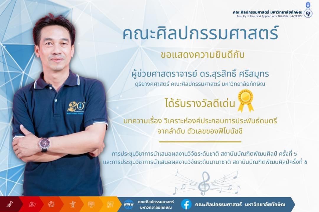 ขอแสดงความยินดีกับ ผู้ช่วยศาสตราจารย์ ดร.สุรสิทธิ์ ศรีสมุทร คณะศิลปกรรมศาสตร์ มหาวิทยาลัยทักษิณ