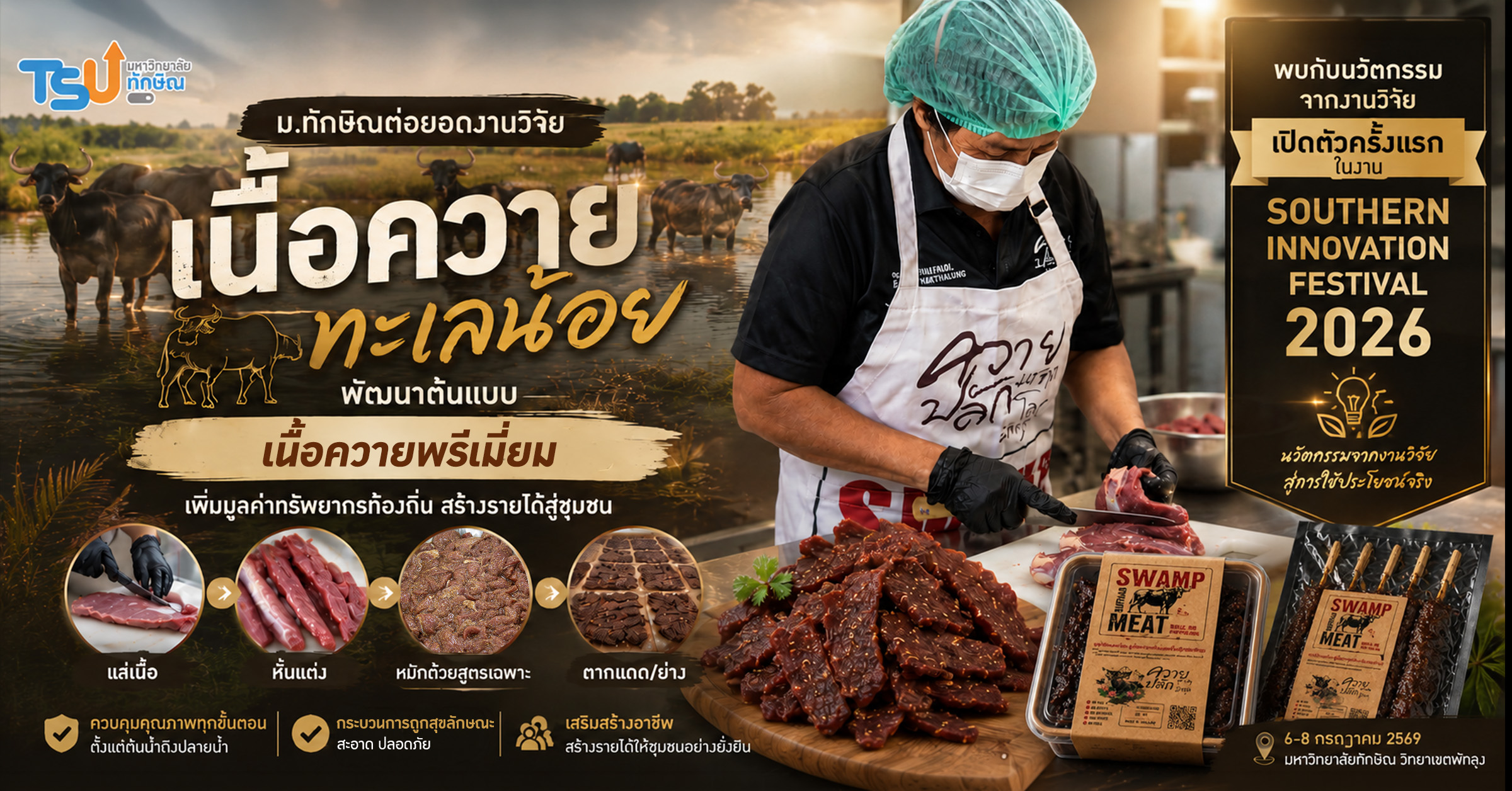 ม.ทักษิณต่อยอดงานวิจัย เนื้อควายทะเลน้อย สู่ผลิตภัณฑ์ชุมชน  เพิ่มมูลค่าทรัพยากรท้องถิ่น